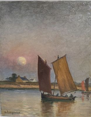 tableau représentant un voilier sur un plan d'eau, avec la pleine lune en arrière-plan