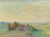 an image of a painting of a field with a house in the distance
