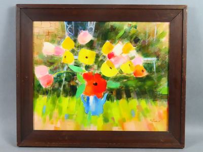 peinture d'une peinture d'un vase de fleurs sur une table