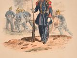 an old print of a man in uniform holding a rifle