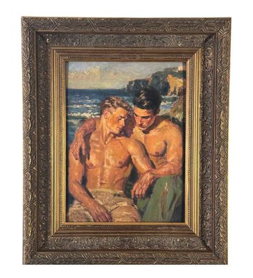 une image représentant un tableau où l'on voit deux hommes sur la plage