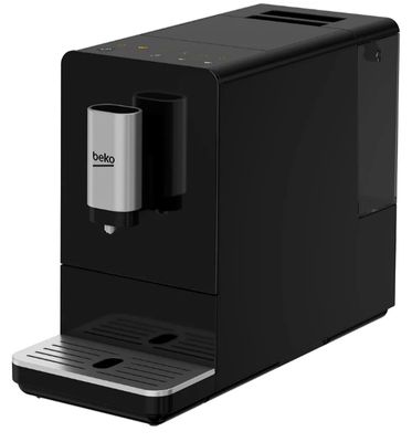 une machine à café noire posée sur un plan de travail blanc