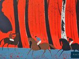 an image of a painting of a group of people riding horses through a forest