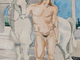 a watercolor painting of a man standing next to a horse