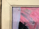 an oil painting of a black cat with a pink flower in a white frame
