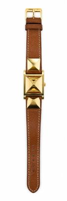 brown leather watch strap with gold plated buckle