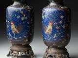 pair of chinese cloissant vases with roosters and flowers on blue ground