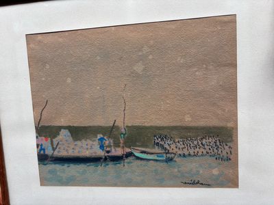 une image d'un tableau représentant un bateau dans l'eau