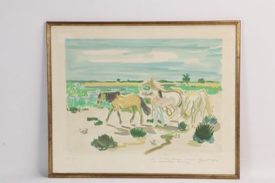 painting of a man riding a horse with a group of horses