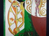 peinture abstraite représentant une femme et un chat sur un fond vert et rouge