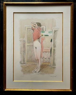 painting of a woman standing in front of a mirror in a room