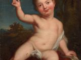 an image of a painting of a baby sitting on a pillow
