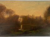 an image of a painting of a pond with trees in the background