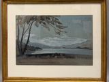 une image représentant un tableau représentant un paysage avec un lac en arrière-plan
