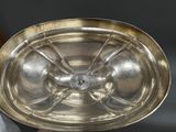 a person holding a silver plate with a metal rim