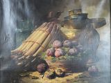 une peinture représentant une nature morte avec des fruits et des légumes sur la table