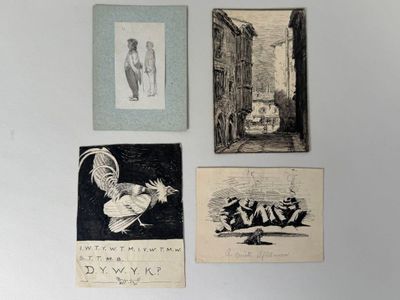 four pictures on the wall of a room with pictures on the wall