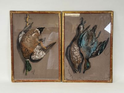 two paintings of birds hanging on a wall next to each other