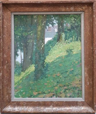 une image représentant une peinture d'un espace boisé avec une maison en arrière-plan