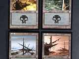 four framed pictures of elephants and a boat on the water