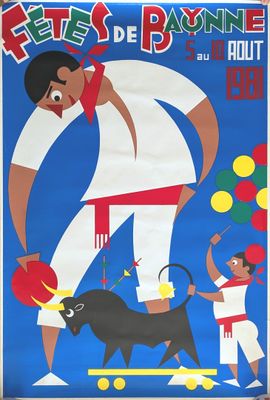 poster advertising a circus show with a man on a skateboard and a bull
