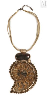necklace made of metal and wood with a brown bead on a chain