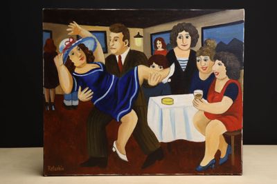 une peinture représentant un groupe de personnes assises à une table