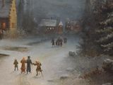 a painting of people walking in the snow with a dog