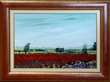an oil painting of a field of red flowers with a lone tree in the distance