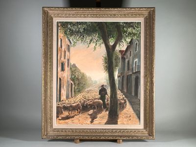 Ecole d'Europe de l'Est du XXe siècle. Paysan et moutons, 1970. Huile  - Photo 1