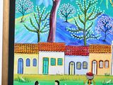 painting of a group of people walking down a street in front of a church
