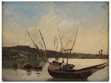 a painting of a boat on the water with other boats in the water