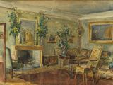 peinture représentant un dessin d'un salon avec des meubles et une cheminée