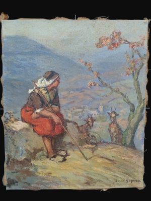 tableau représentant un homme assis sur un rocher, tenant un bâton