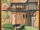 painting of a painting of a cow grazing in a field in front of a barn