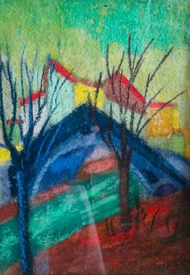 l'image d'une peinture représentant une montagne avec des arbres au premier plan