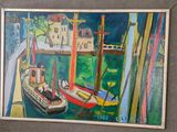une peinture de bateaux dans un port avec des bâtiments à l'arrière-plan