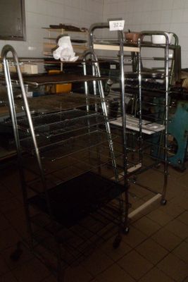 several shopping carts are lined up against a wall in a kitchen