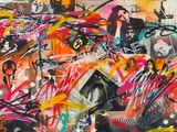 peinture représentant un collage d'images et de graffitis sur un mur