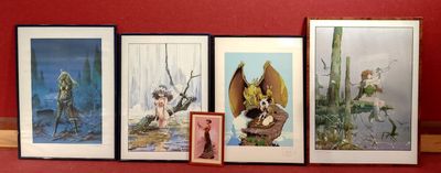 four framed pictures on the wall of a red room
