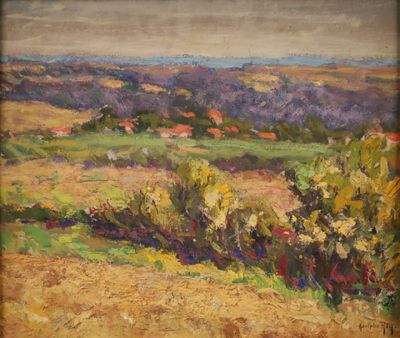 une peinture à l'huile d'un champ avec des arbres au loin