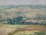 painting of a view of a landscape with hills and fields in the foreground