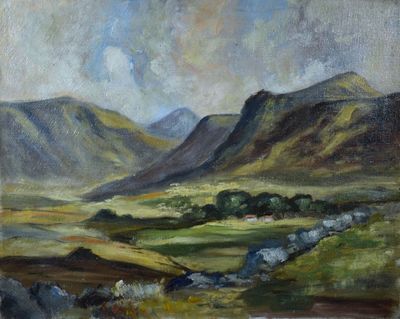une peinture à l'huile d'un paysage avec des montagnes en arrière-plan