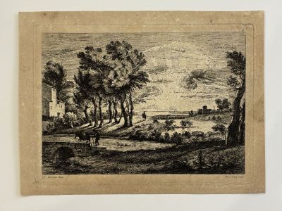a black and white drawing of a landscape with trees