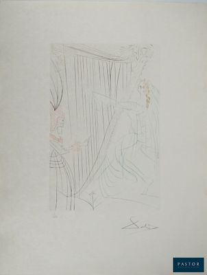 un vieux dessin représentant une femme jouant de la harpe dans une pièce