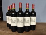 six bottles of red wine are lined up on a wooden table