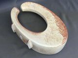 a white toilet with a brown lid on a black background