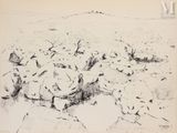une image représentant un dessin d'une montagne avec des rochers au premier plan