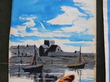 two paintings on the wall of a building with a sky background