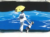 painting of a woman and child walking on the beach under an umbrella